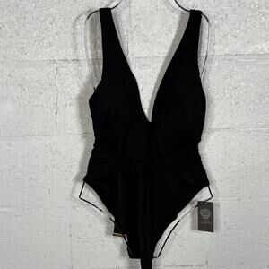 Vince Camuto Women's Belted Plunge-Neck One-Piece Swimsuit - Black 12 $126